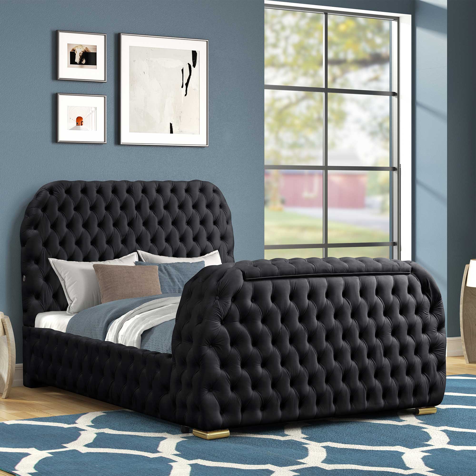 Luxurious Velvet Upholstered Queen Bed with TV Lift, Fireplace & Bluetooth Speakers