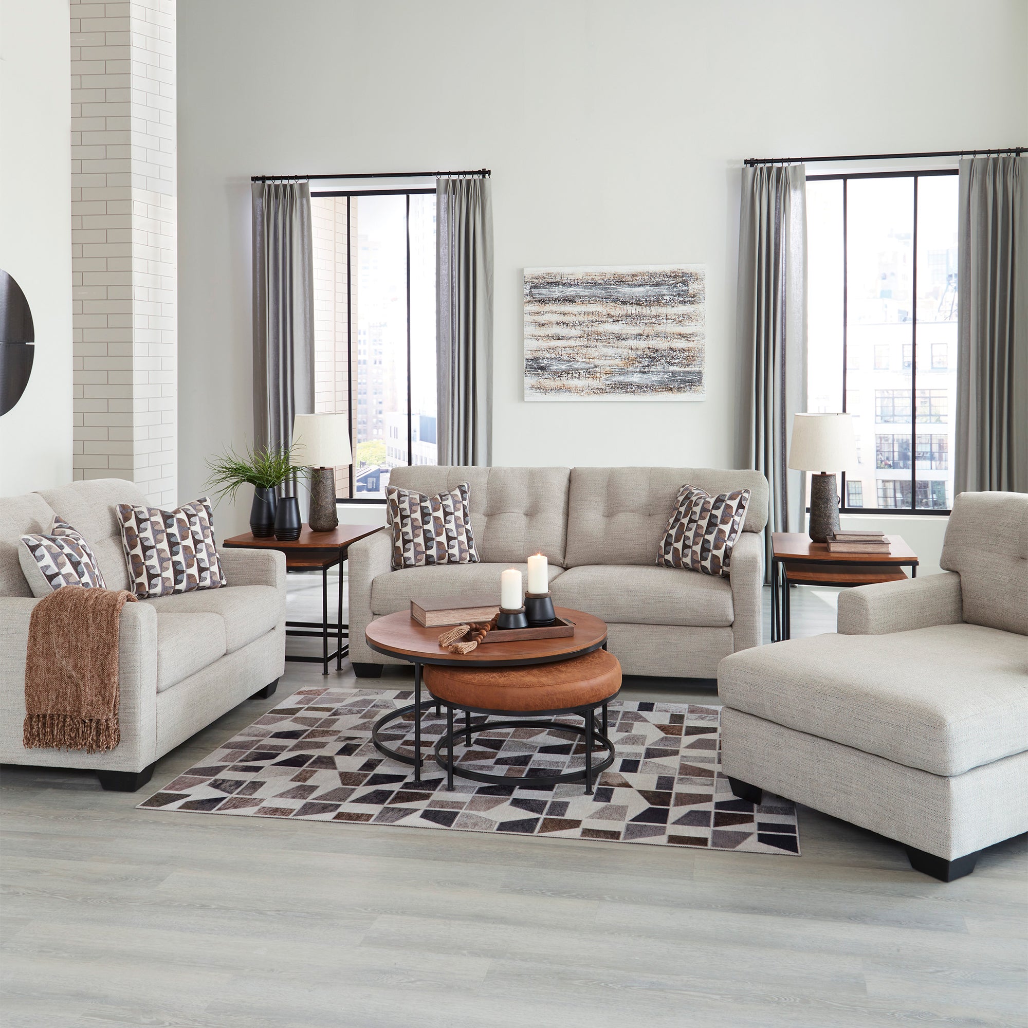 Mahoney Sofa and Loveseat combo in pebble shade, combining durability and design for Milwaukee homes
