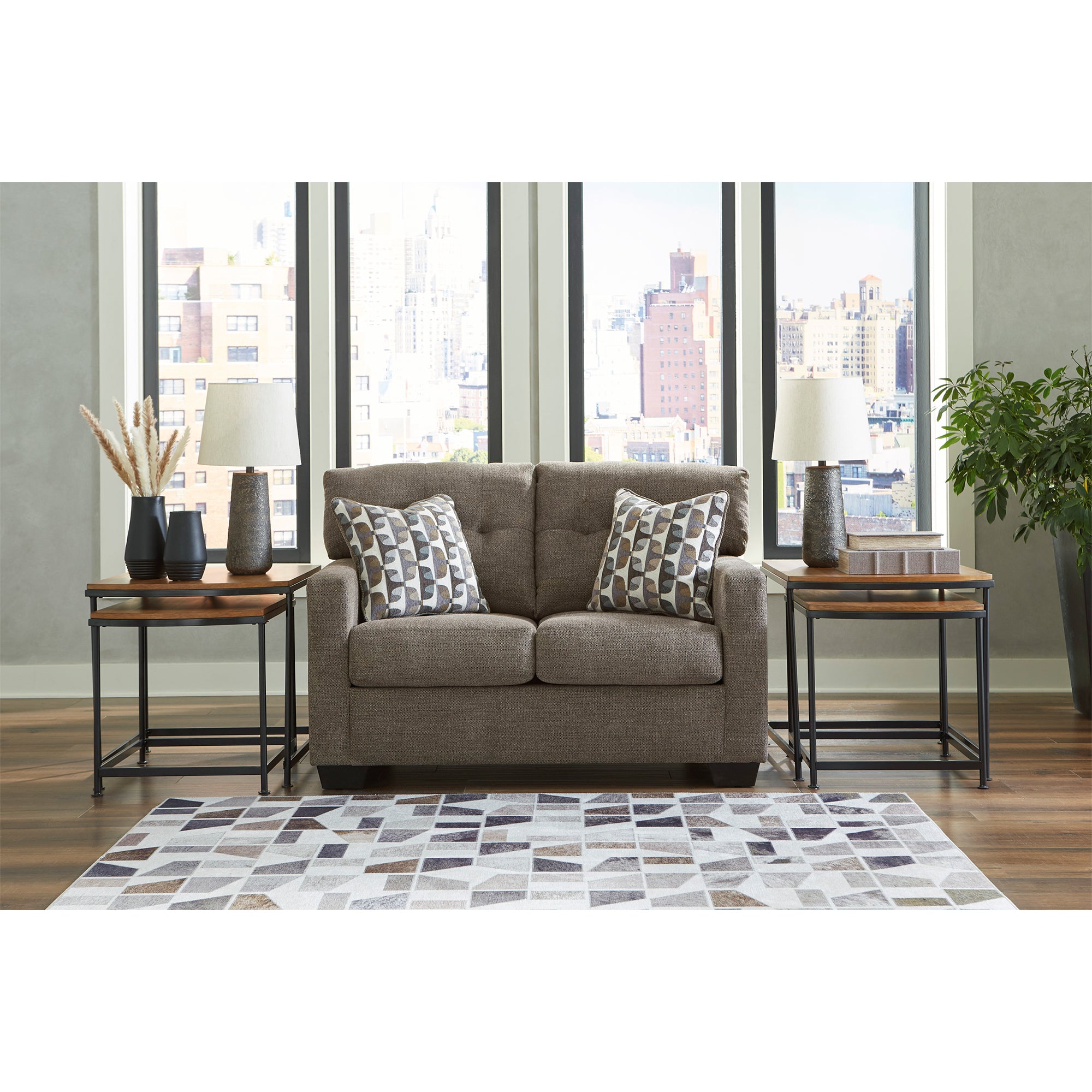 Elegant chocolate-colored Mahoney Loveseat, perfect for small spaces and stylish interiors