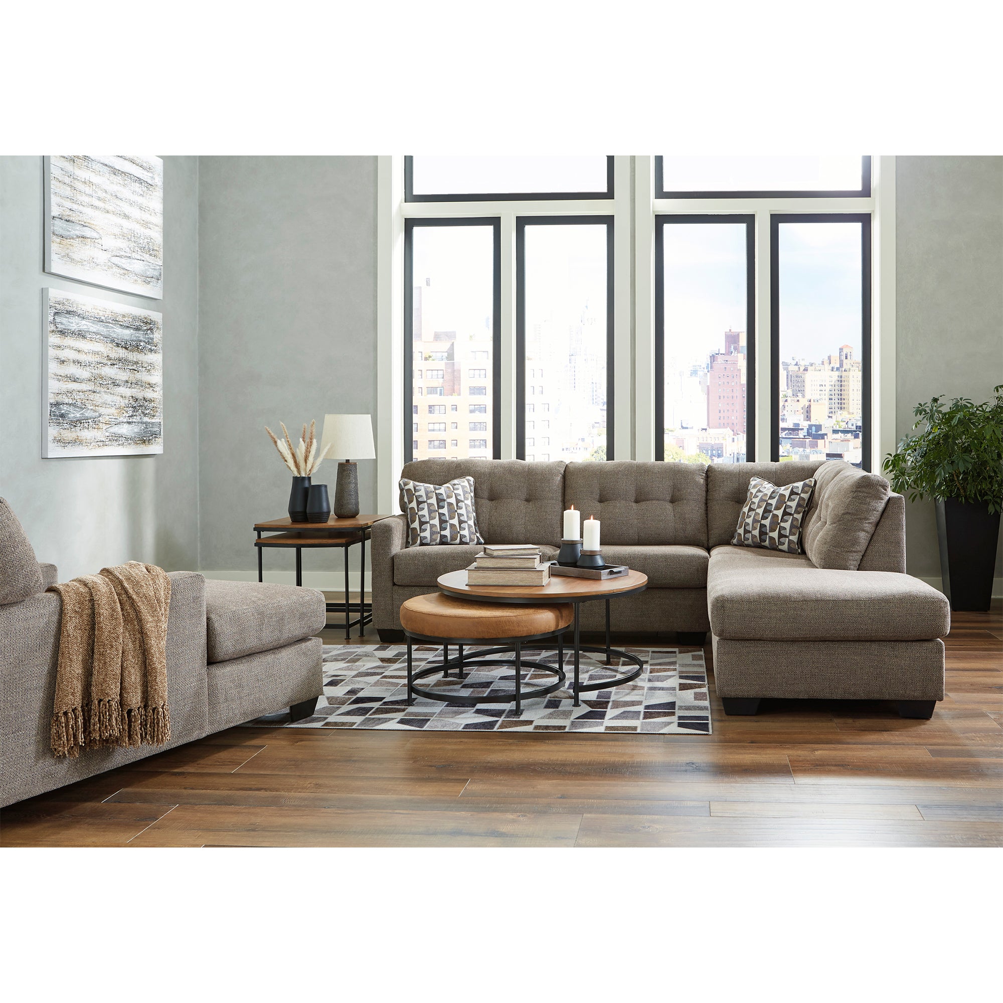 Stylish chocolate Mahoney Sectional with spacious chaise, combines comfort with modern design