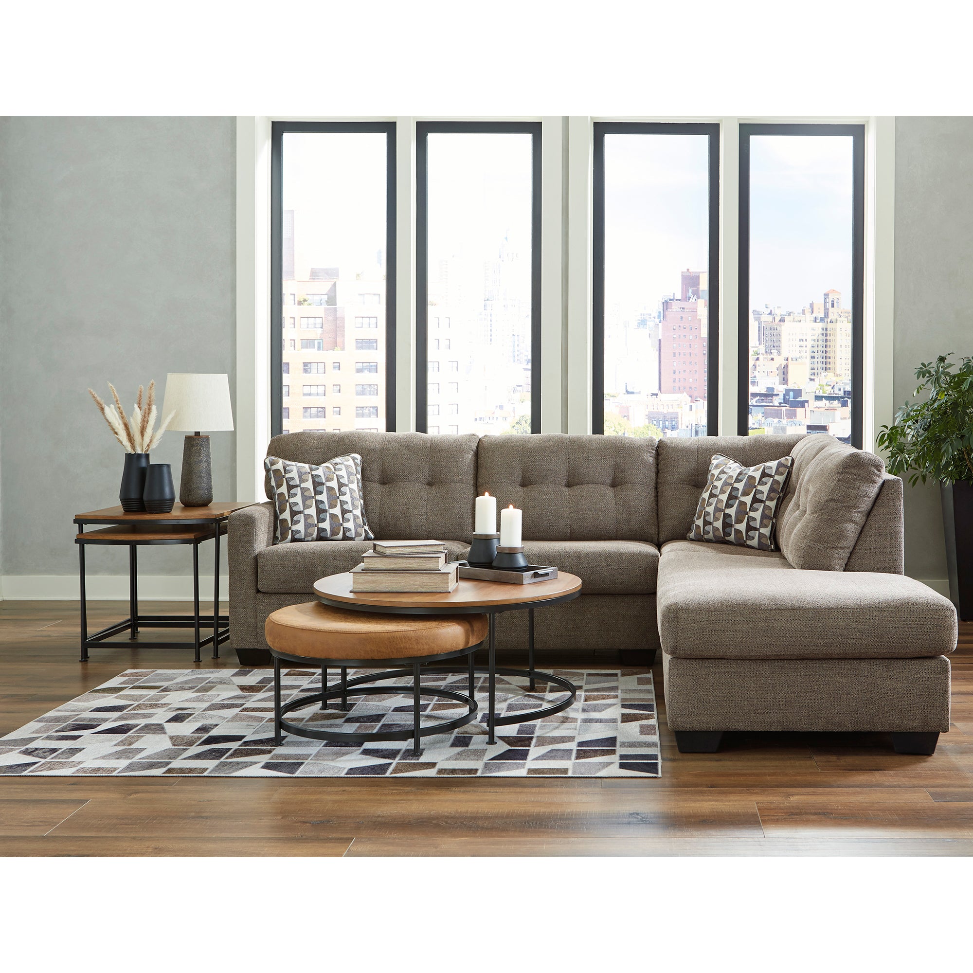 Mahoney 2-Piece Sectional in chocolate, featuring a chaise for extra seating and supreme comfort