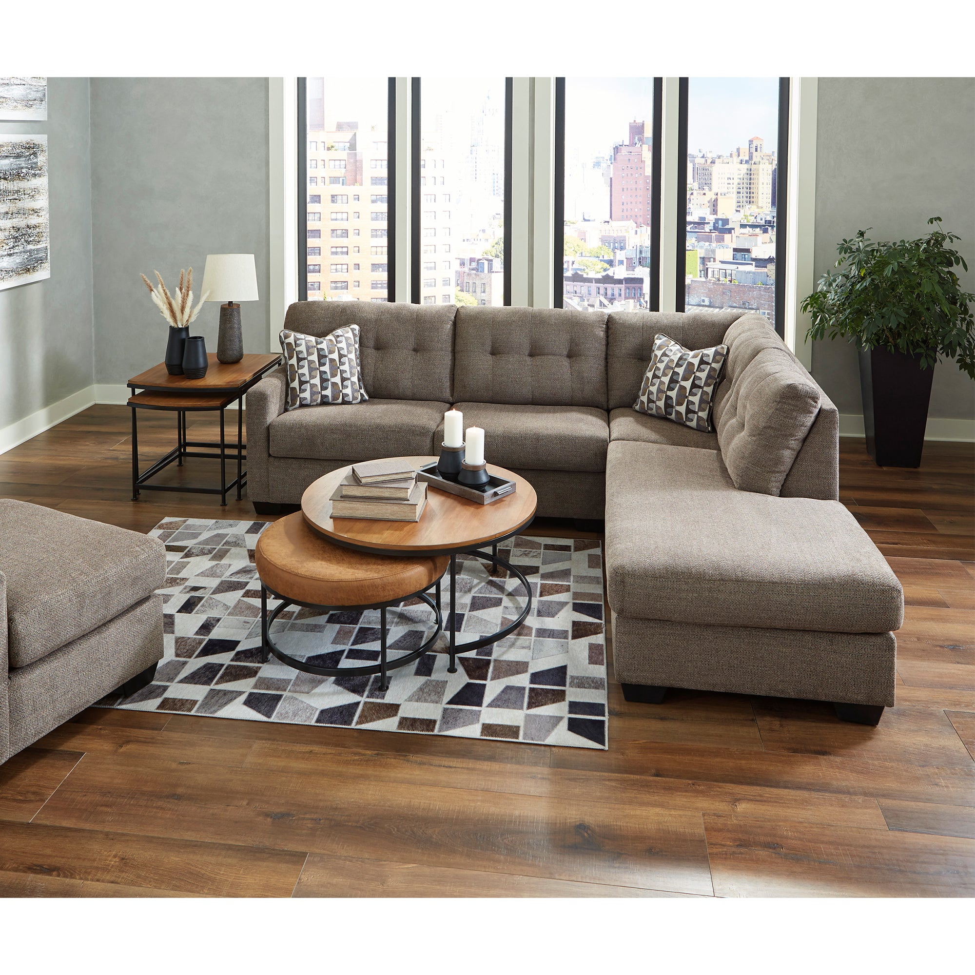 Functional yet fashionable Mahoney Sectional in chocolate, offers versatile seating options