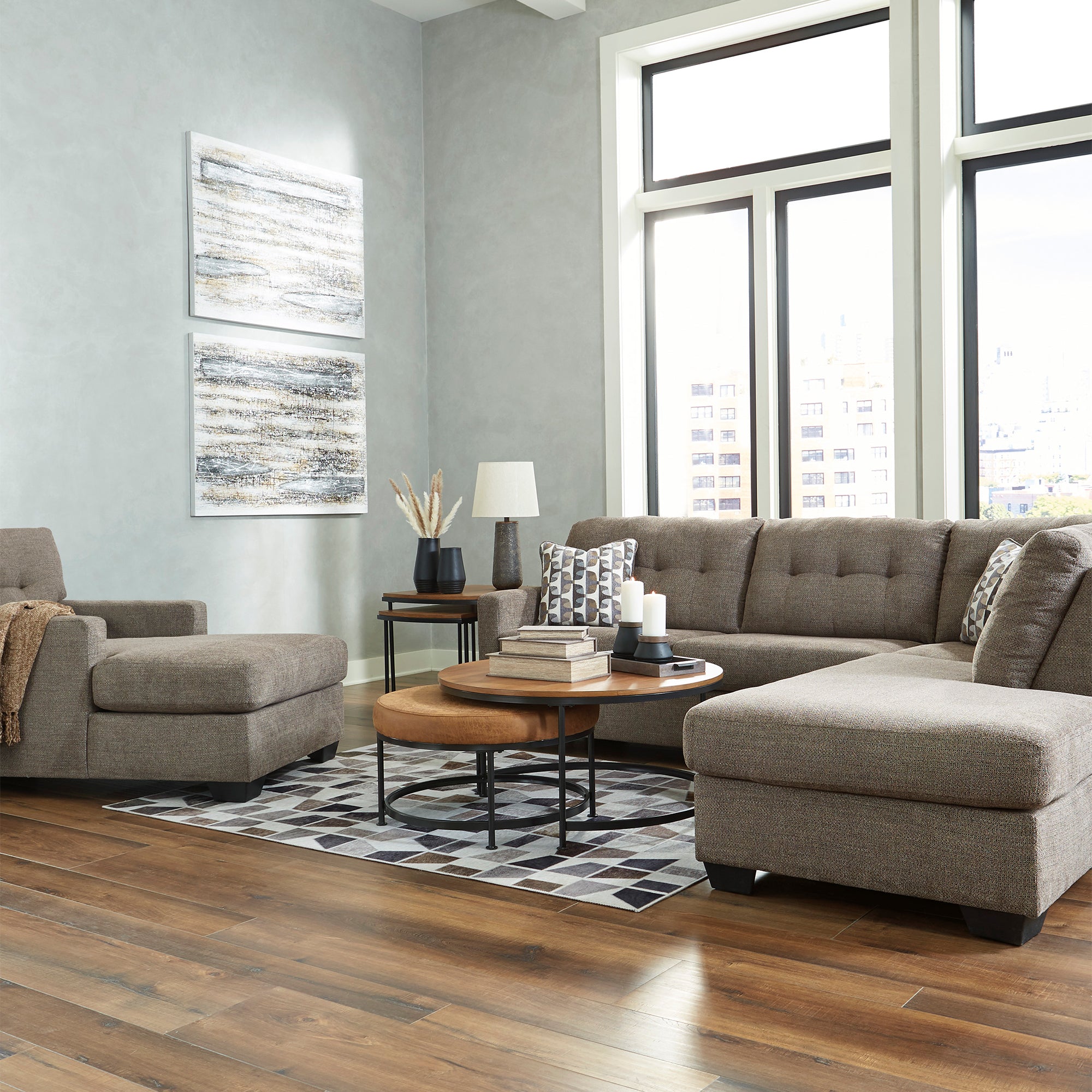 Elegant chocolate Mahoney 2-Piece Sectional with chaise, adds a touch of luxury to any space