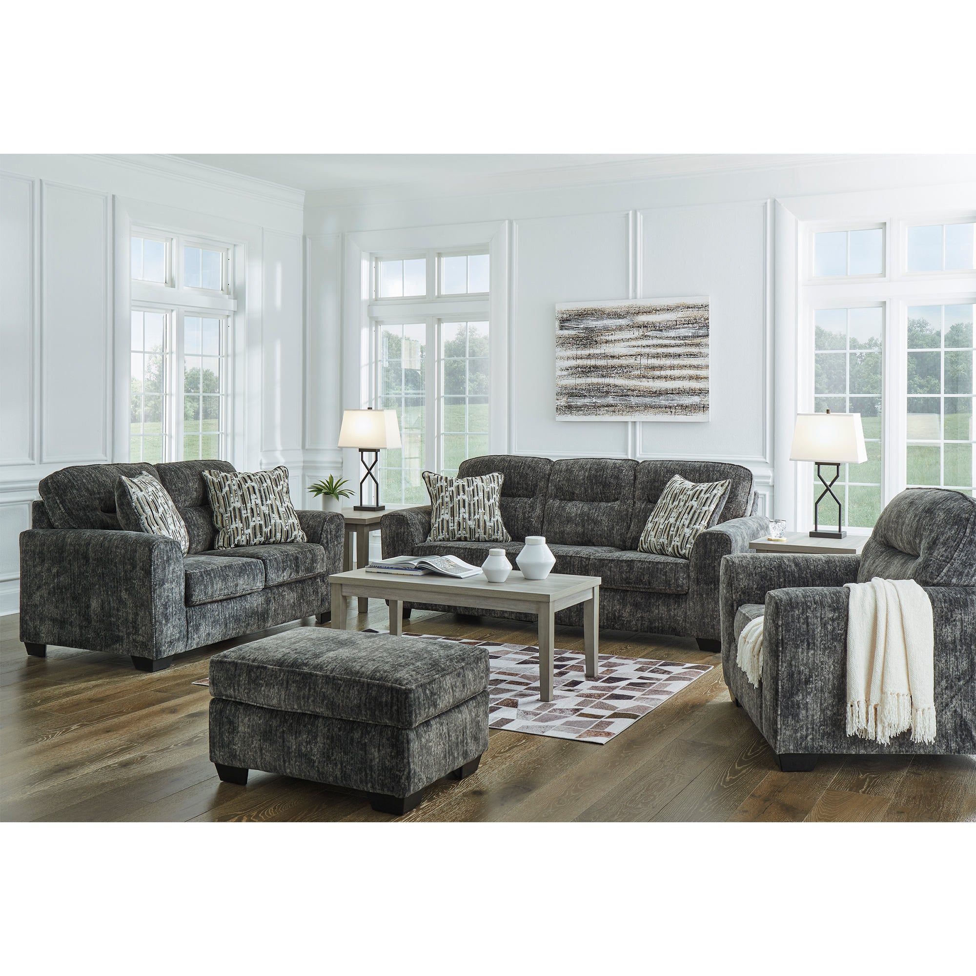 Lonoke Sofa and Loveseat in Gunmetal Color