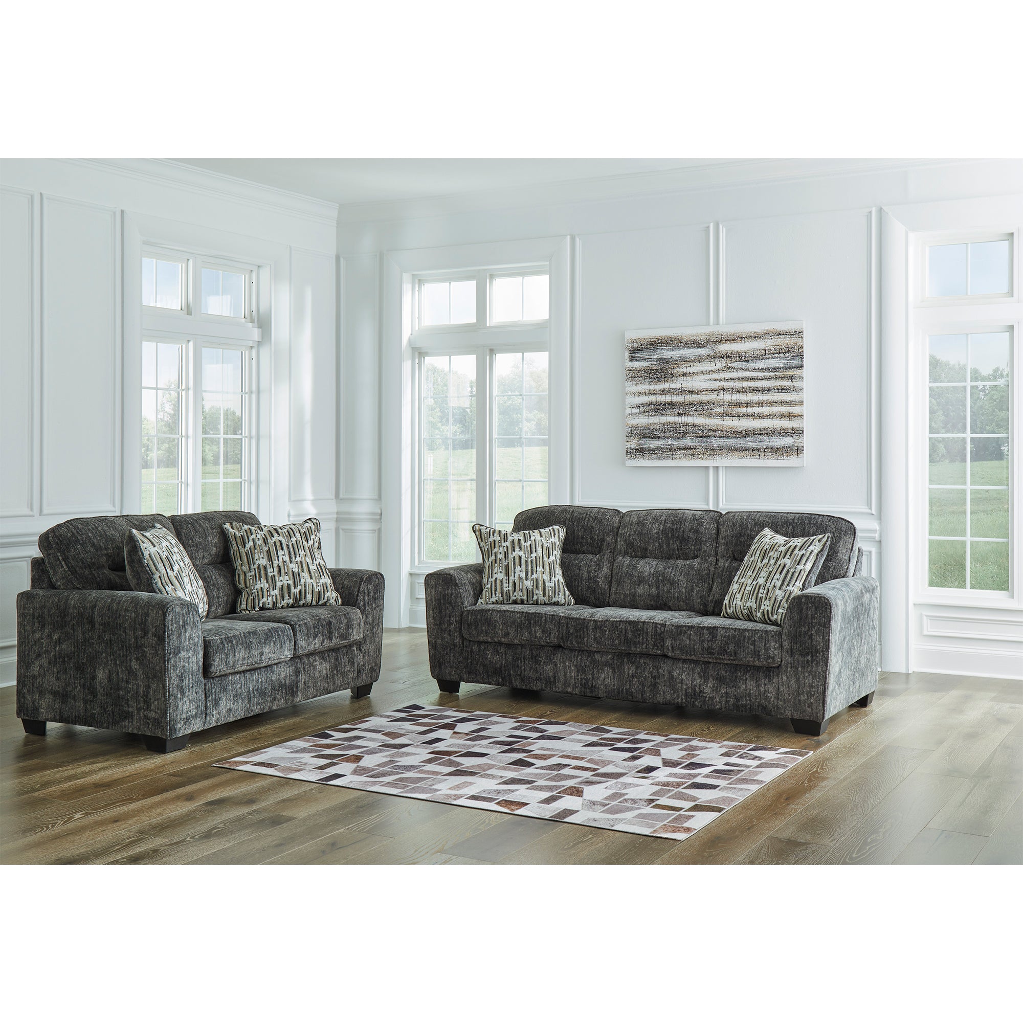 Lonoke Sofa and Loveseat in Gunmetal Color