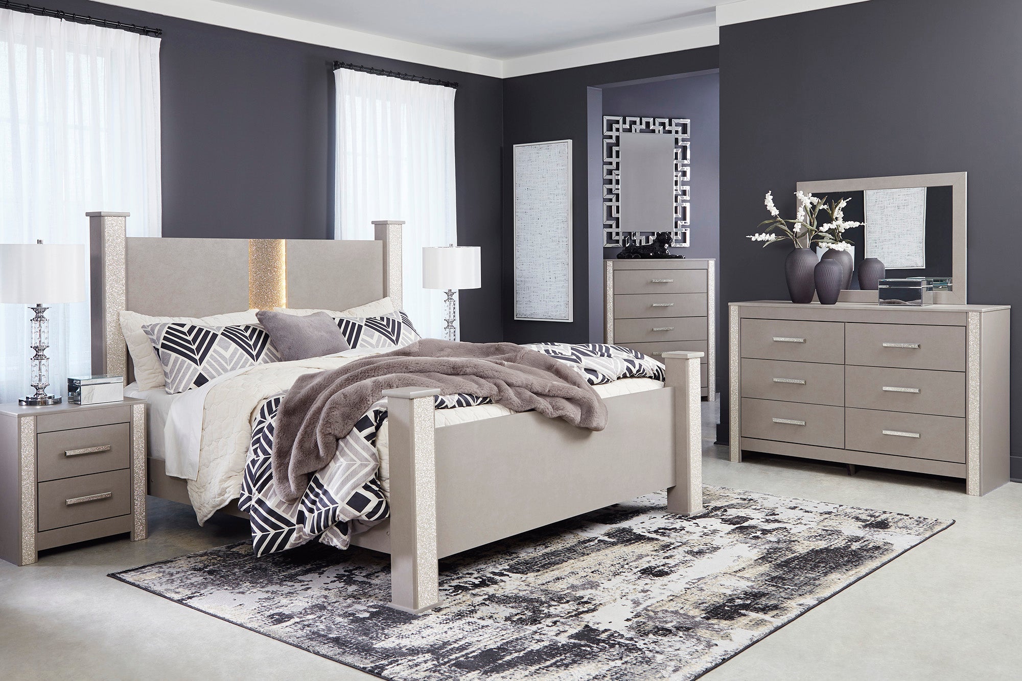 Surancha King Poster Bed with Mirrored Dresser