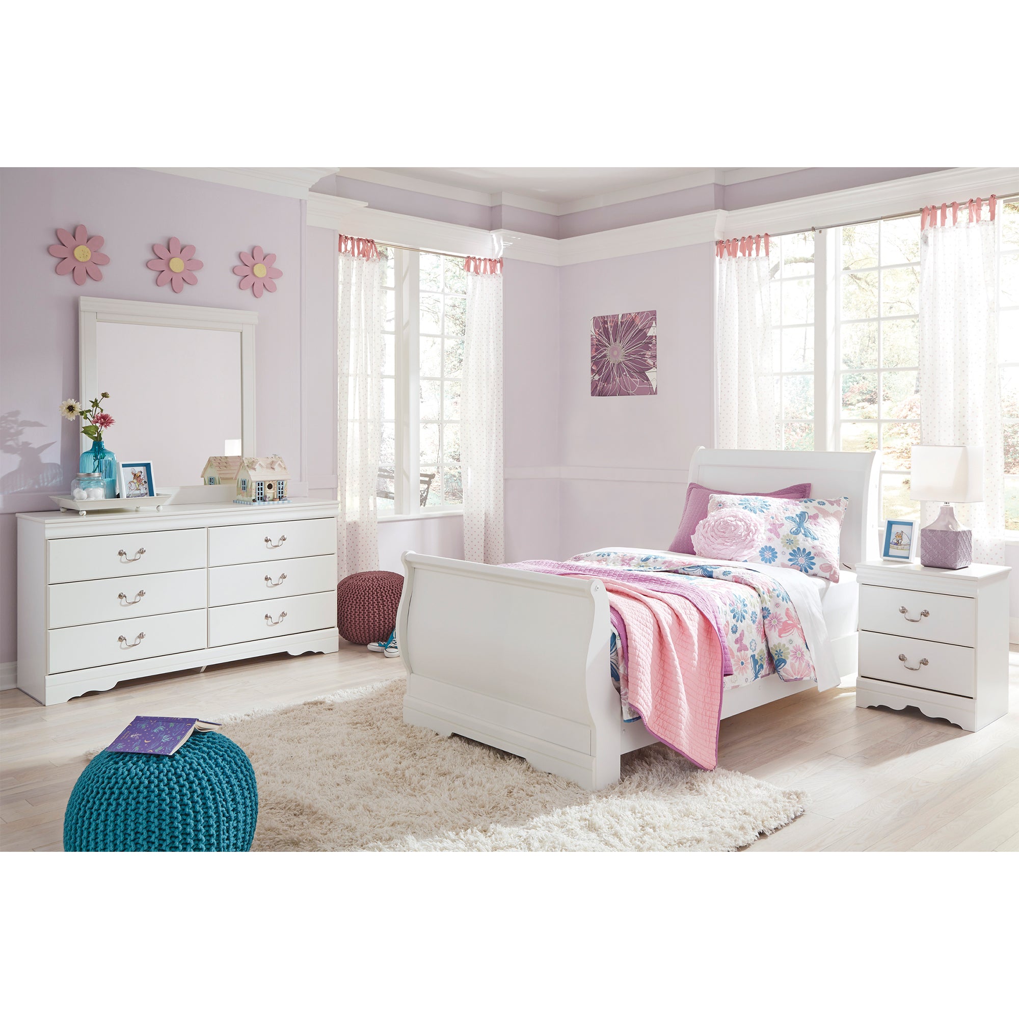 Anarasia Twin Sleigh Bed with Mirrored Dresser