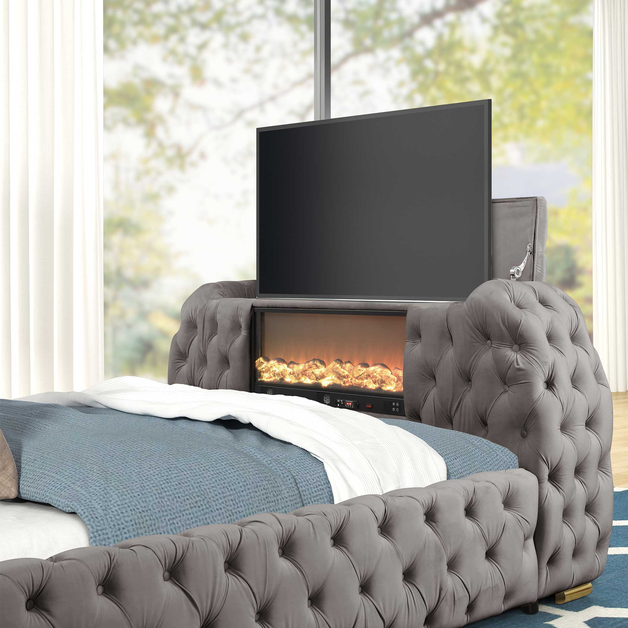 Luxurious Velvet Upholstered King Bed with TV Lift, Fireplace & Bluetooth Speakers