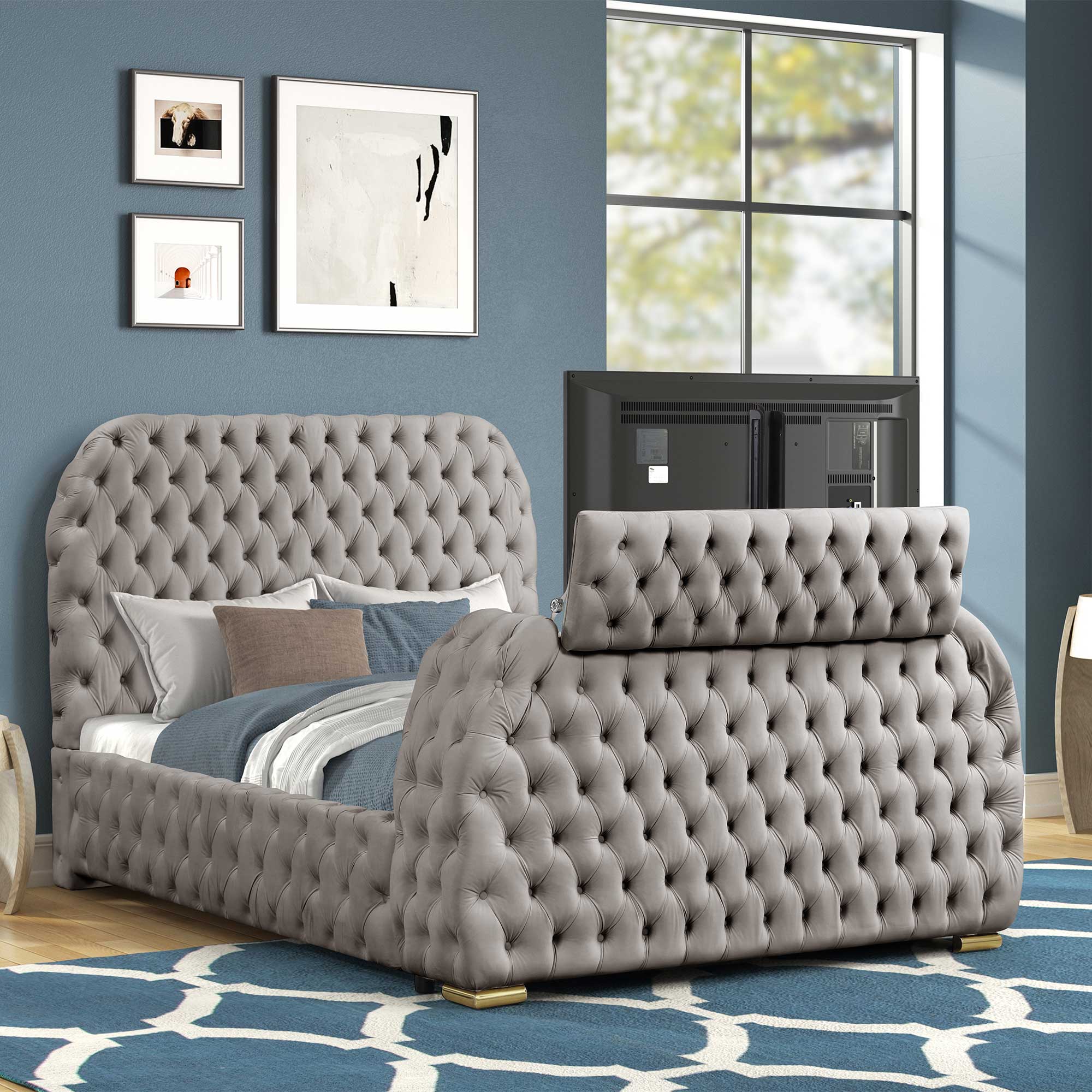 Luxurious Velvet Upholstered King Bed with TV Lift, Fireplace & Bluetooth Speakers