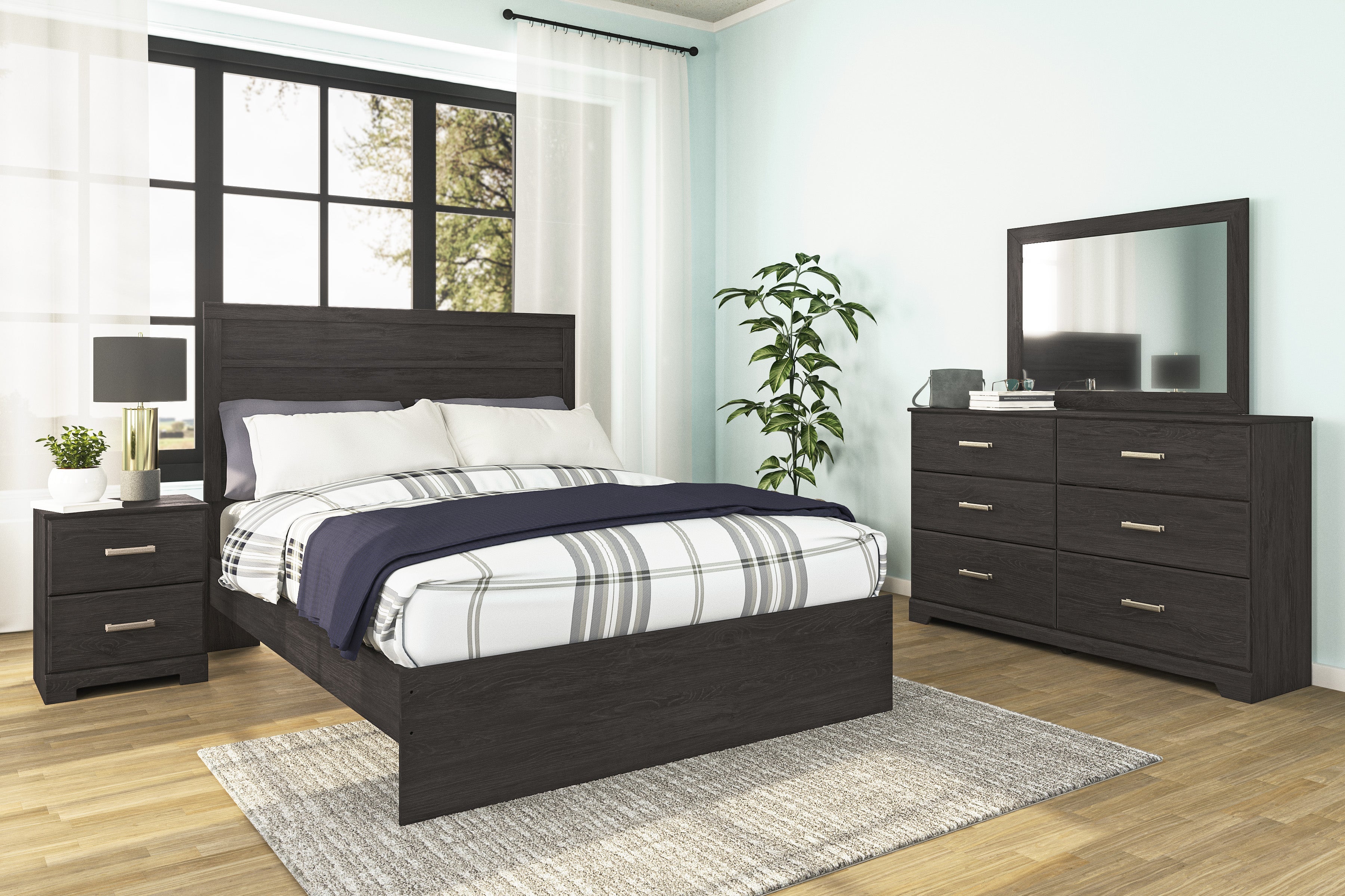 Belachime Full Panel Bed with Mirrored Dresser