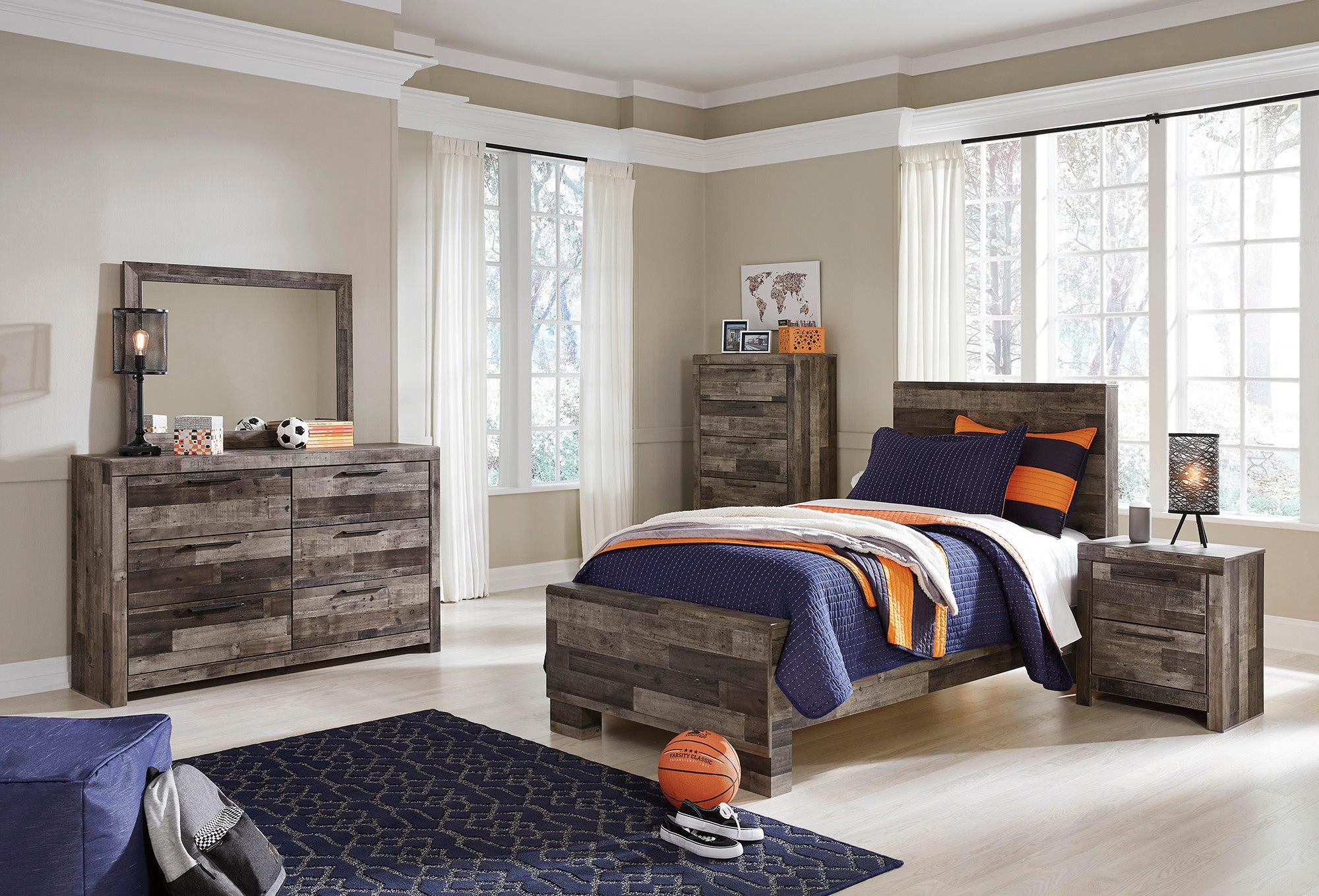 Derekson Twin Panel Bed with Mirrored Dresser