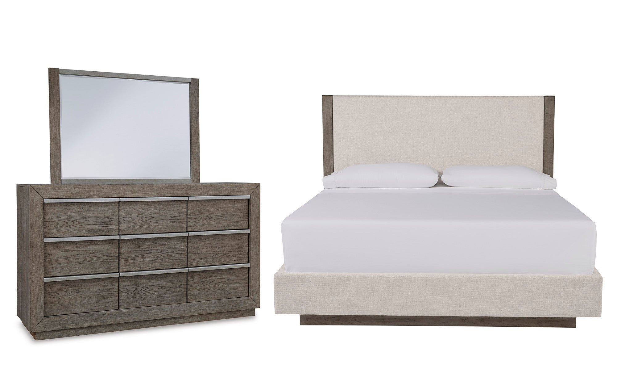 Anibecca King Upholstered Panel Bed with Mirrored Dresser