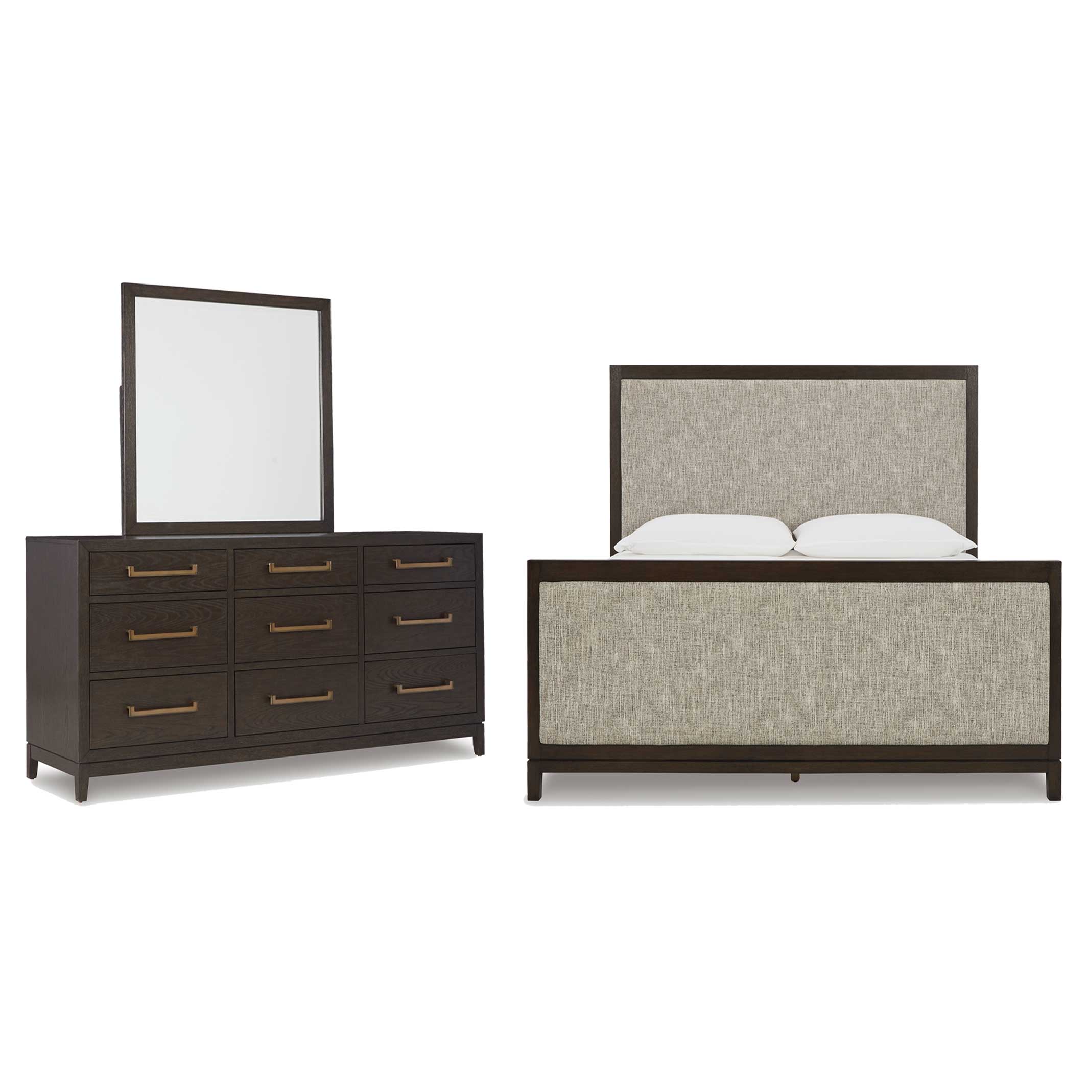 Burkhaus King Upholstered Bed with Mirrored Dresser