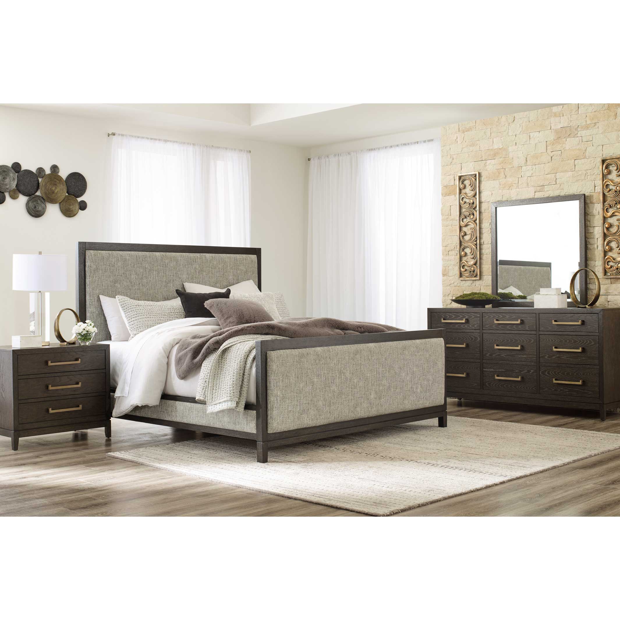 Burkhaus King Upholstered Bed with Mirrored Dresser