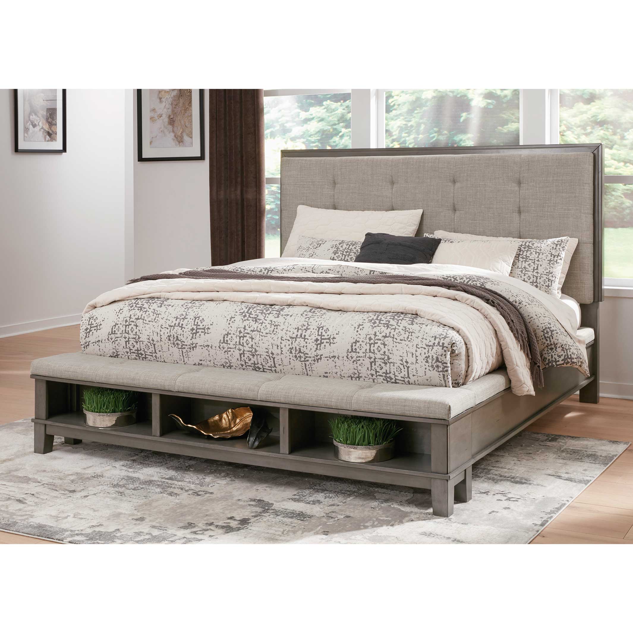 Hallanden King Panel Bed with Storage with Mirrored Dresser