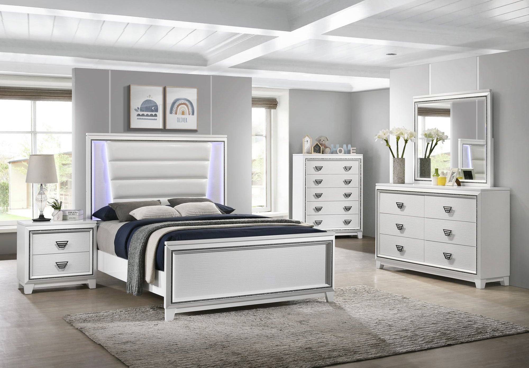 Moondance Queen Panel Bed with Mirrored Dresser