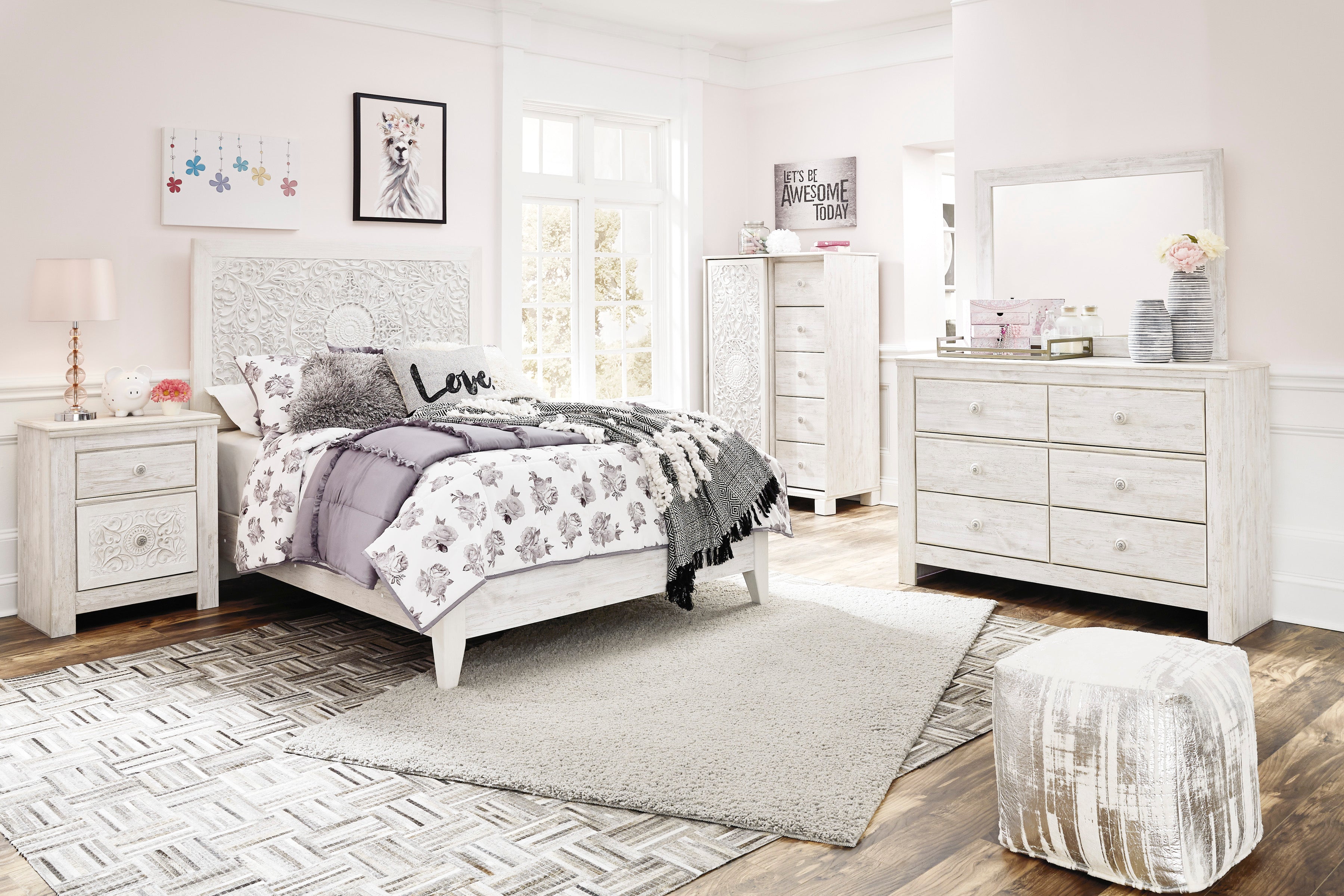 Paxberry Full Panel Bed with Mirrored Dresser