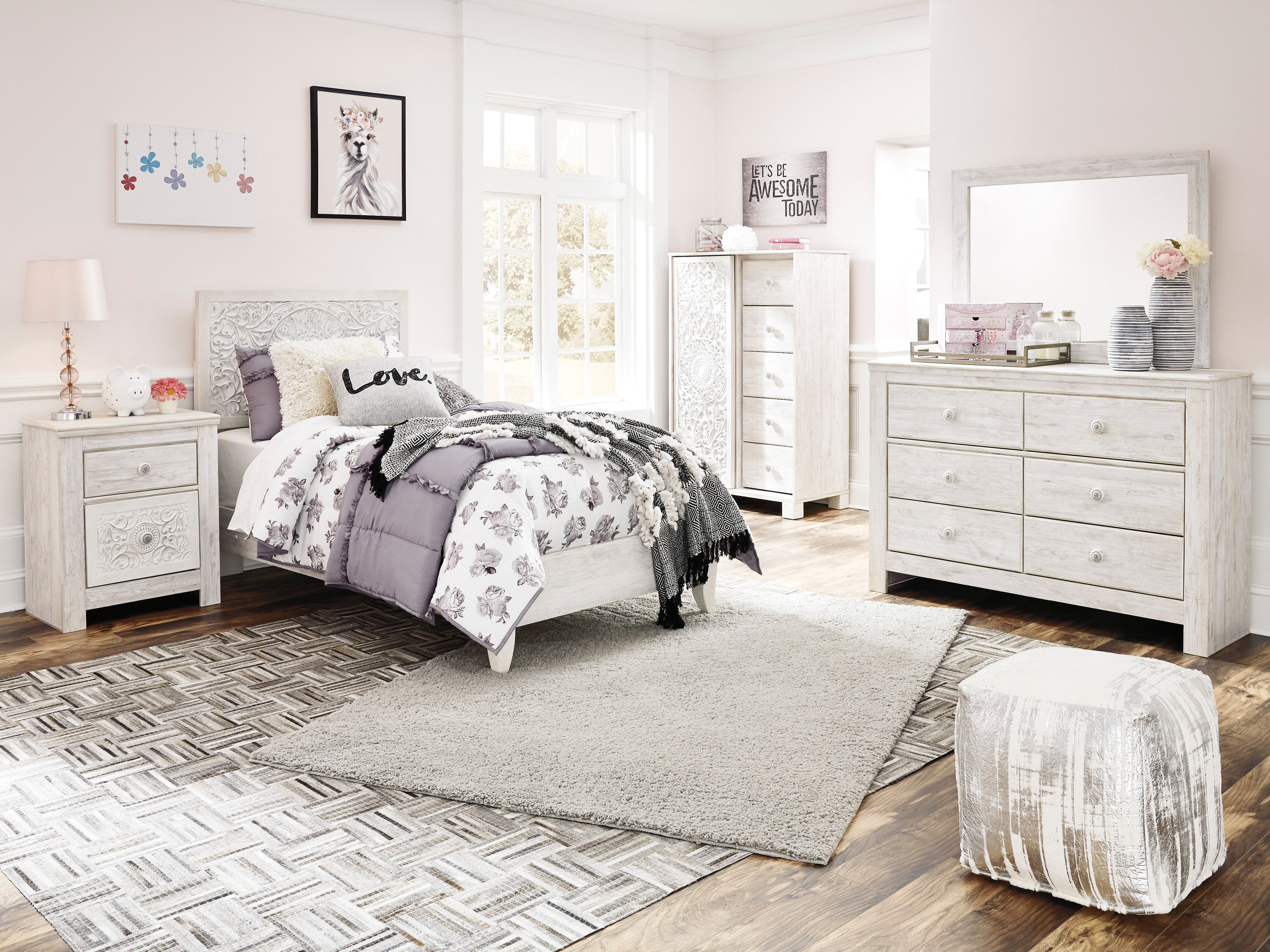 Paxberry Twin Panel Bed with Mirrored Dresser