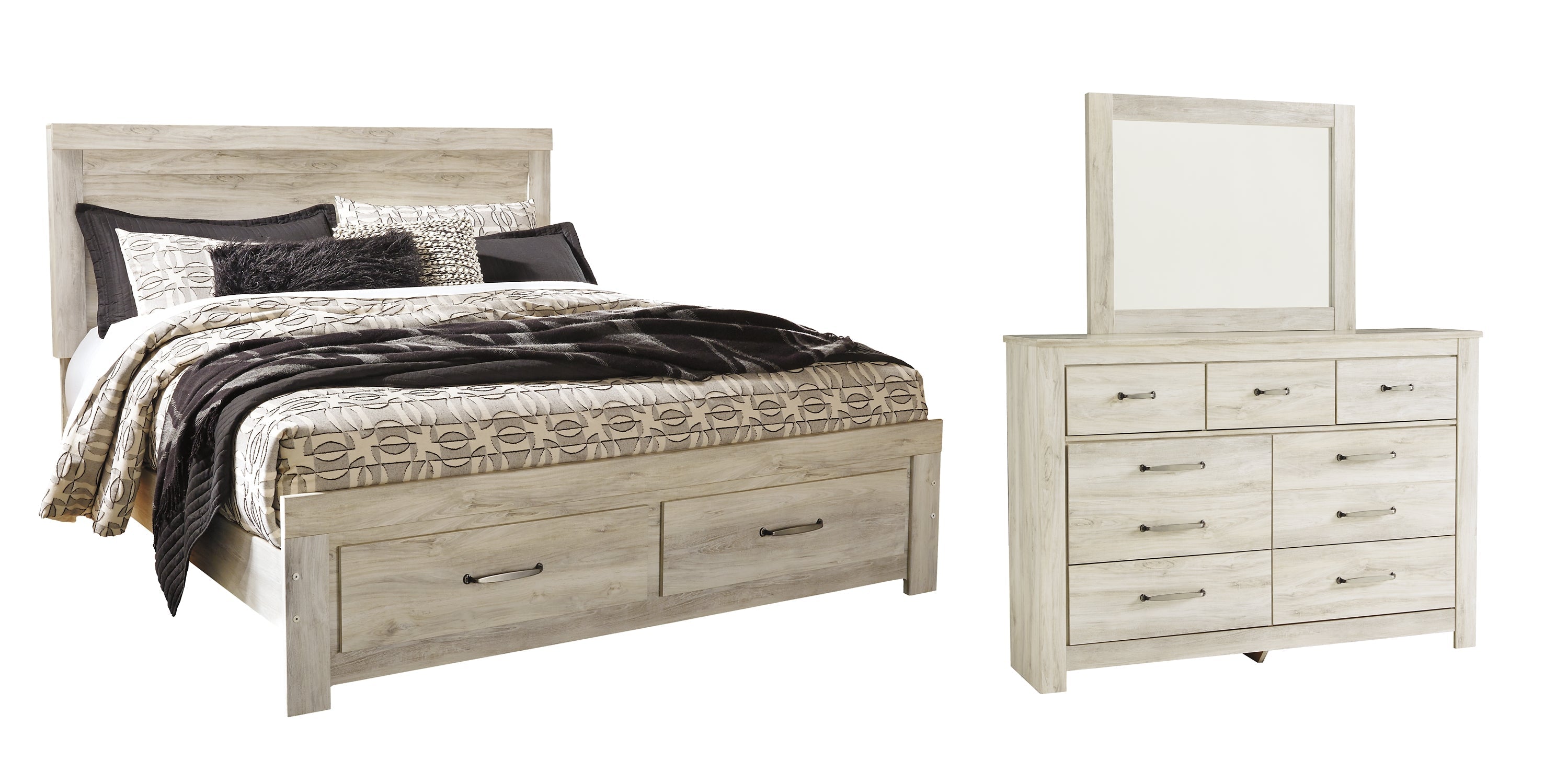 Bellaby King Platform Bed with 2 Storage Drawers with Mirrored Dresser