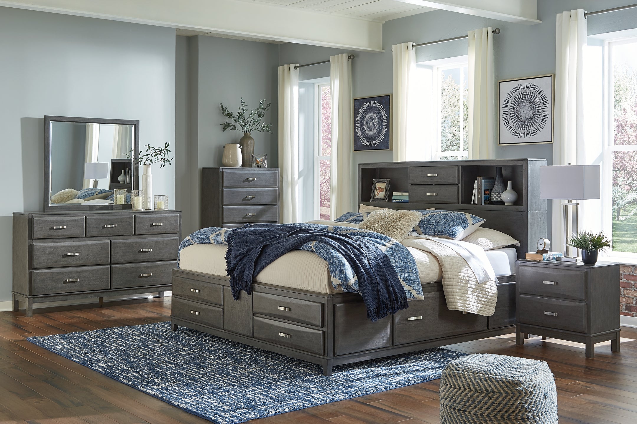 Caitbrook Queen Storage Bed with 8 Storage Drawers with Mirrored Dresser