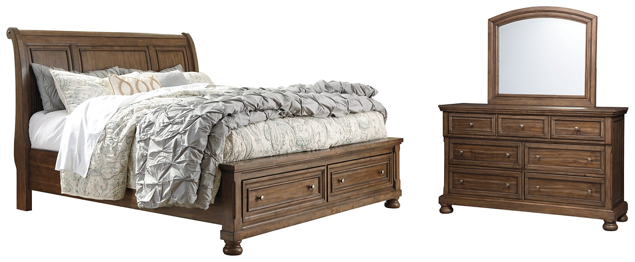 Flynnter King Sleigh Bed with 2 Storage Drawers with Mirrored Dresser