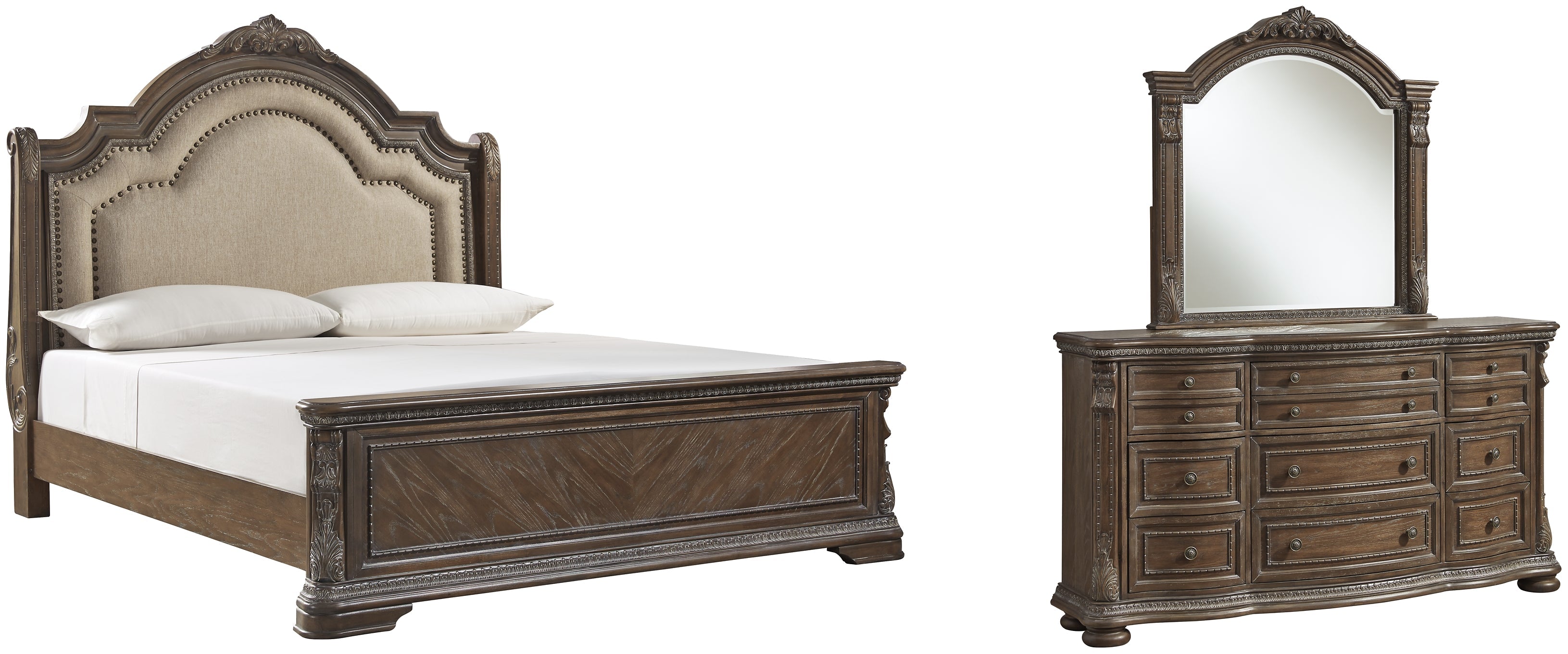 Charmond Queen Upholstered Sleigh Bed with Mirrored Dresser