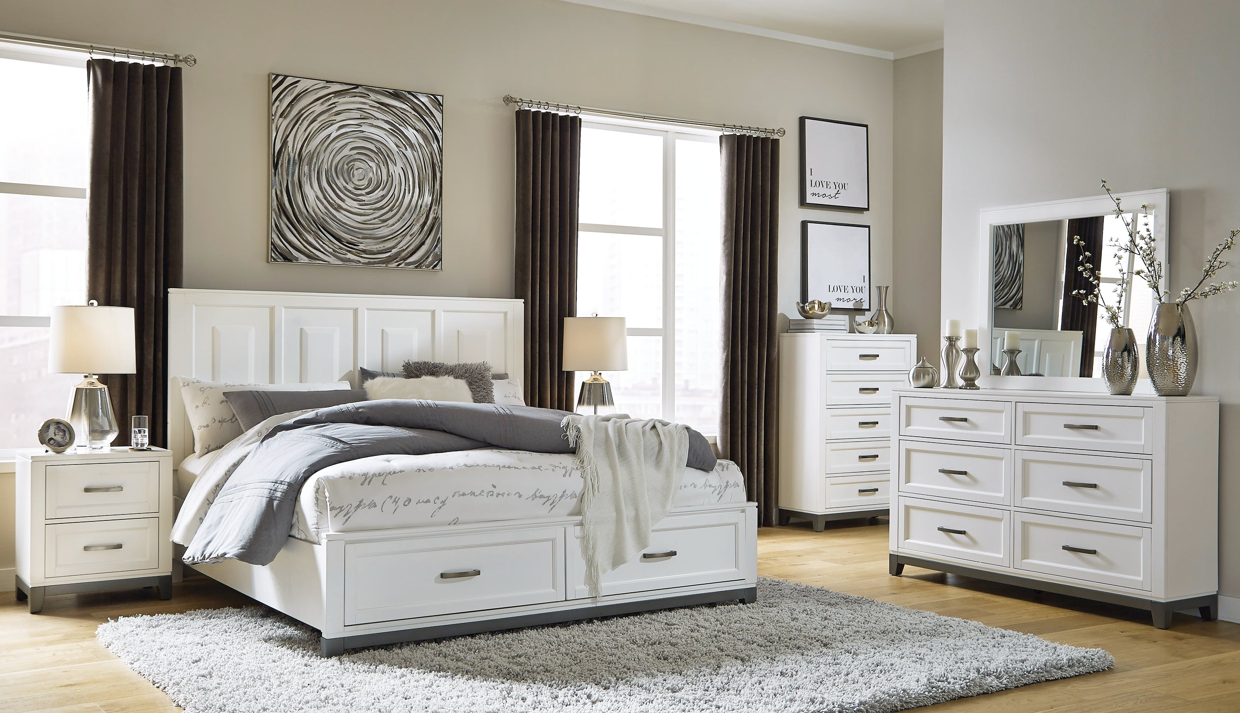 Brynburg King Panel Bed with 2 Storage Drawers with Mirrored Dresser