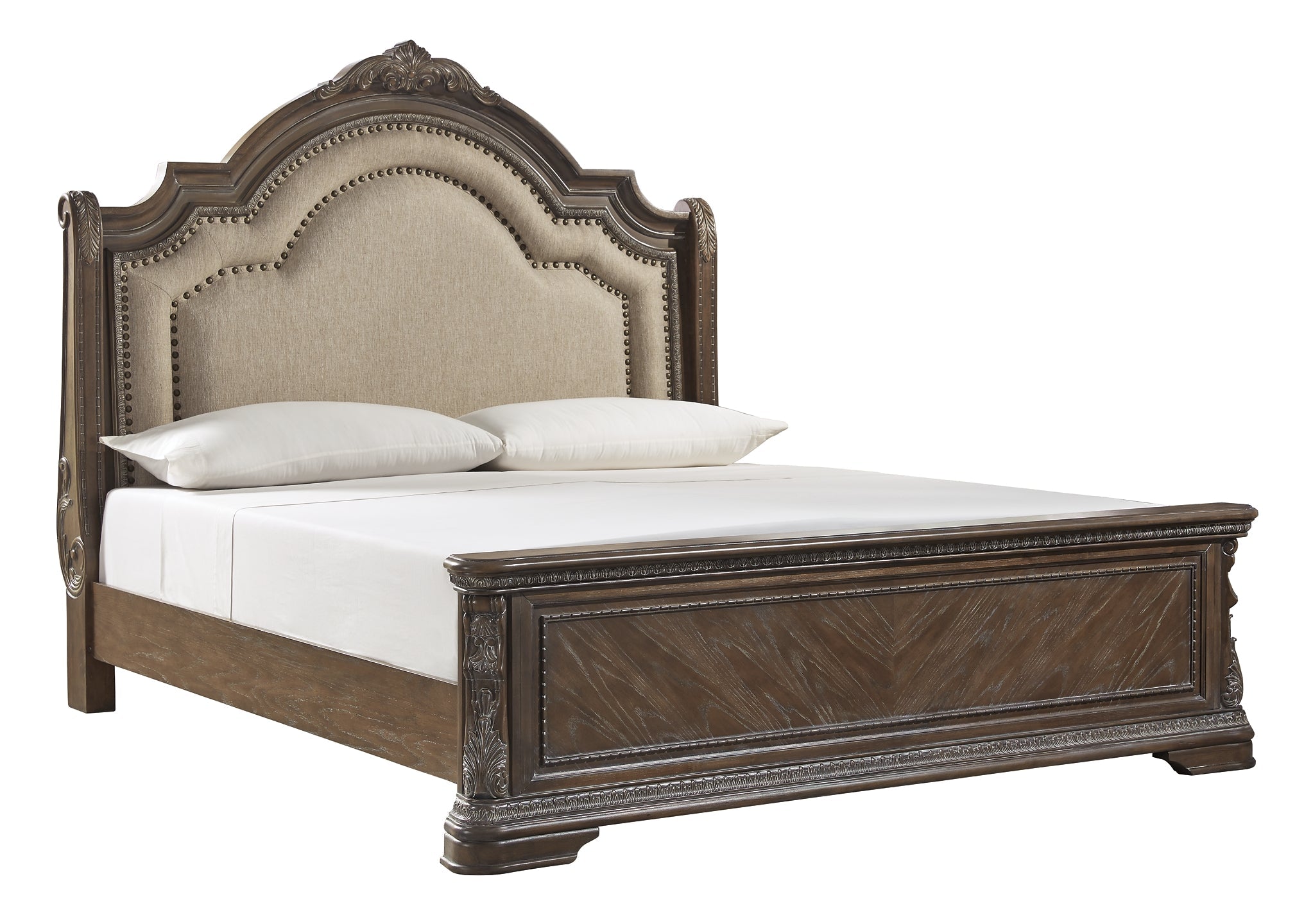Charmond Queen Upholstered Sleigh Bed with Mirrored Dresser