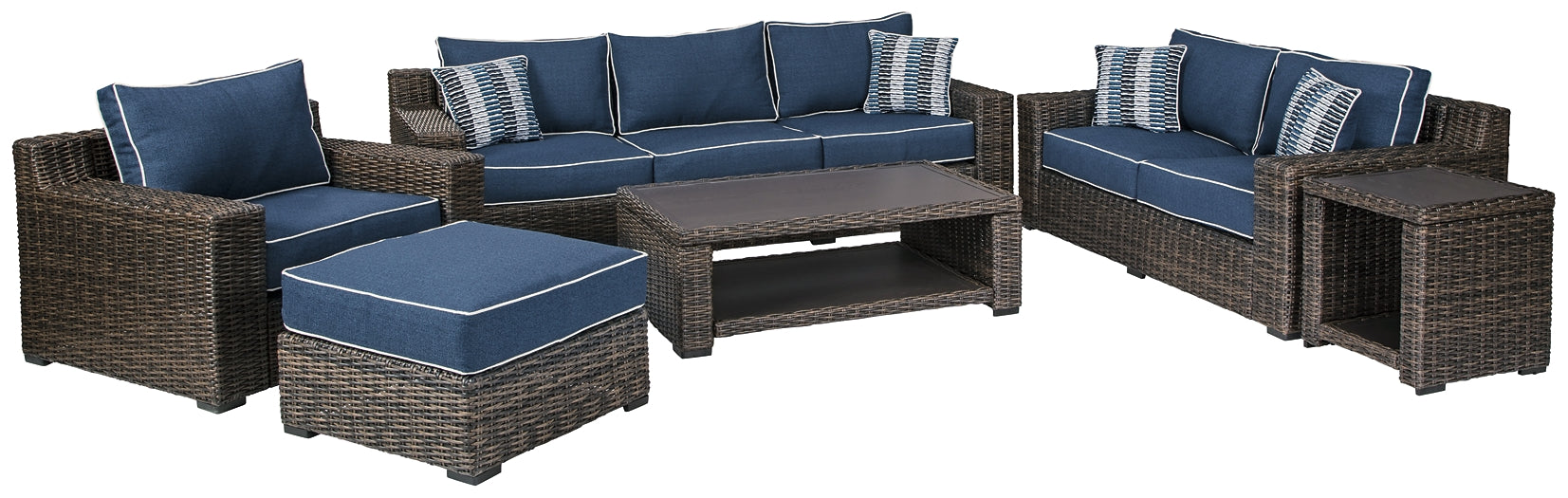 Grasson Lane Outdoor Sofa, Loveseat, Lounge Chair and Ottoman with Coffee Table and End Table