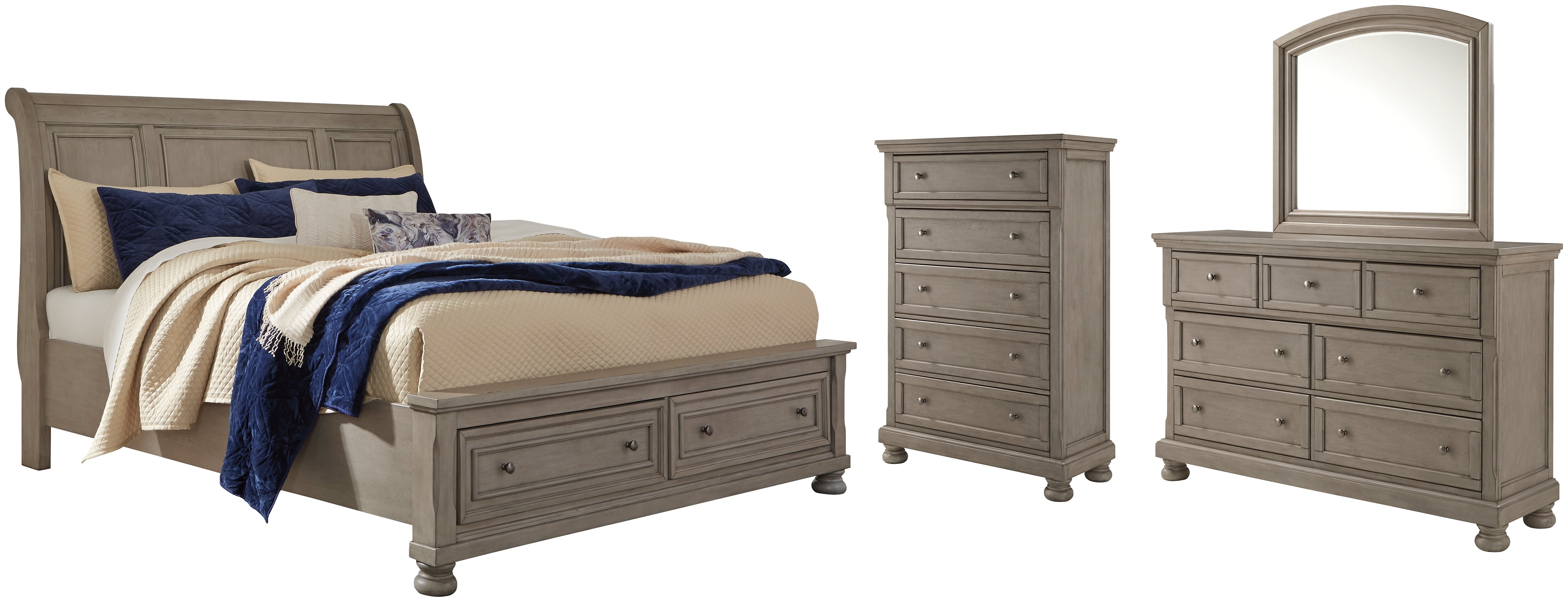 Lettner California King Sleigh Bed with Mirrored Dresser and Chest