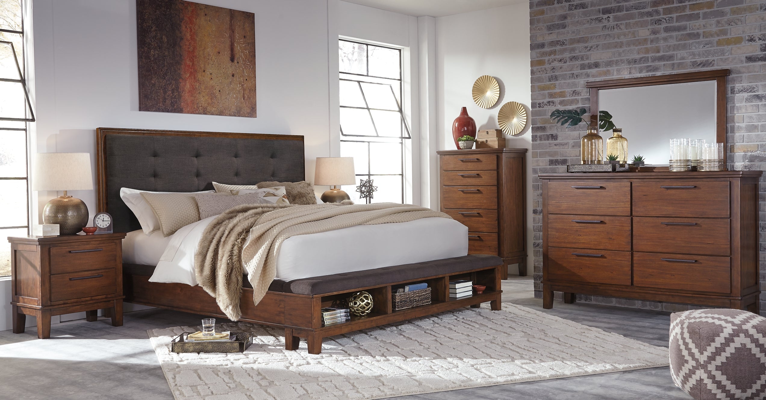 Ralene California King Upholstered Panel Bed with Mirrored Dresser and 2 Nightstands