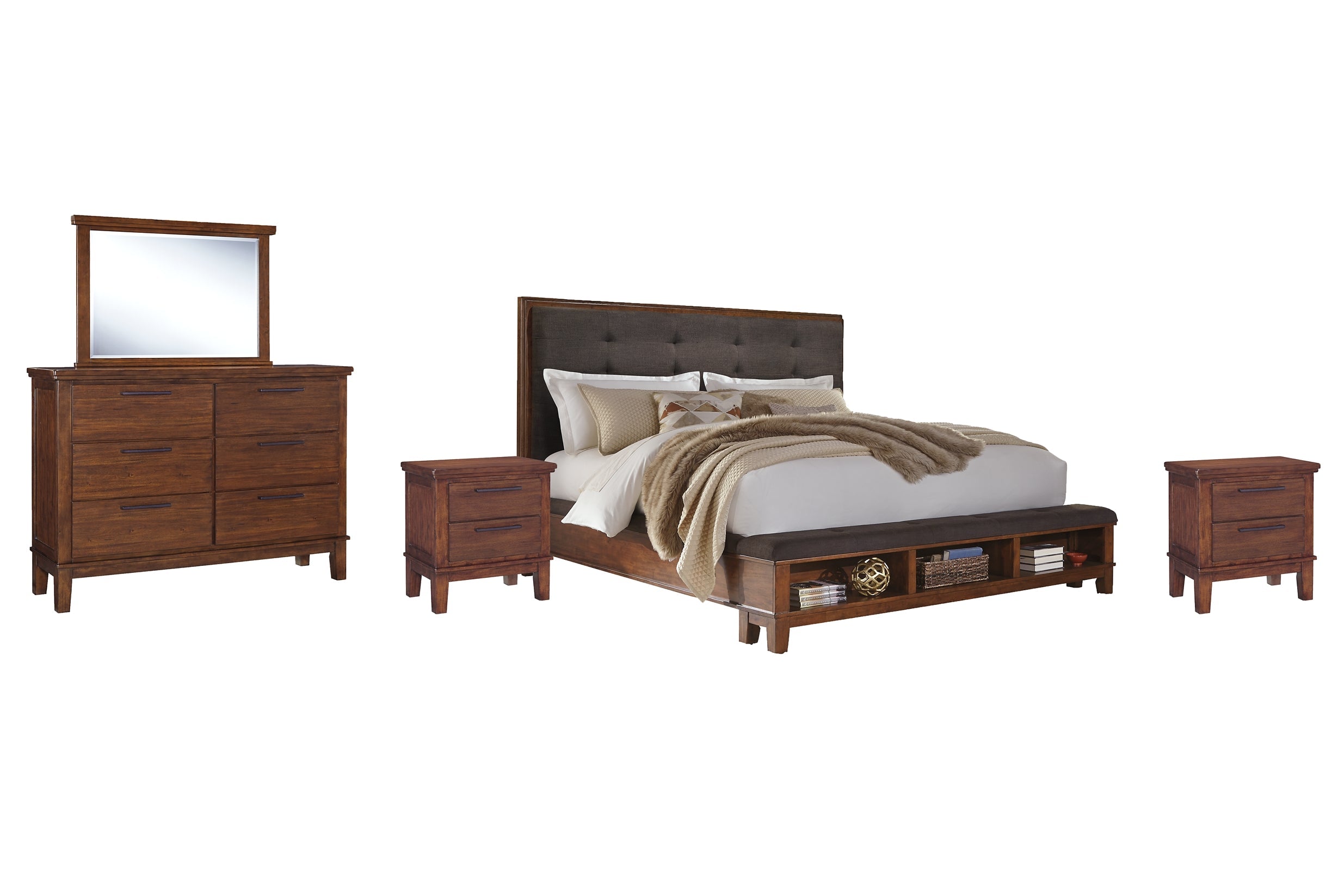 Ralene California King Upholstered Panel Bed with Mirrored Dresser and 2 Nightstands