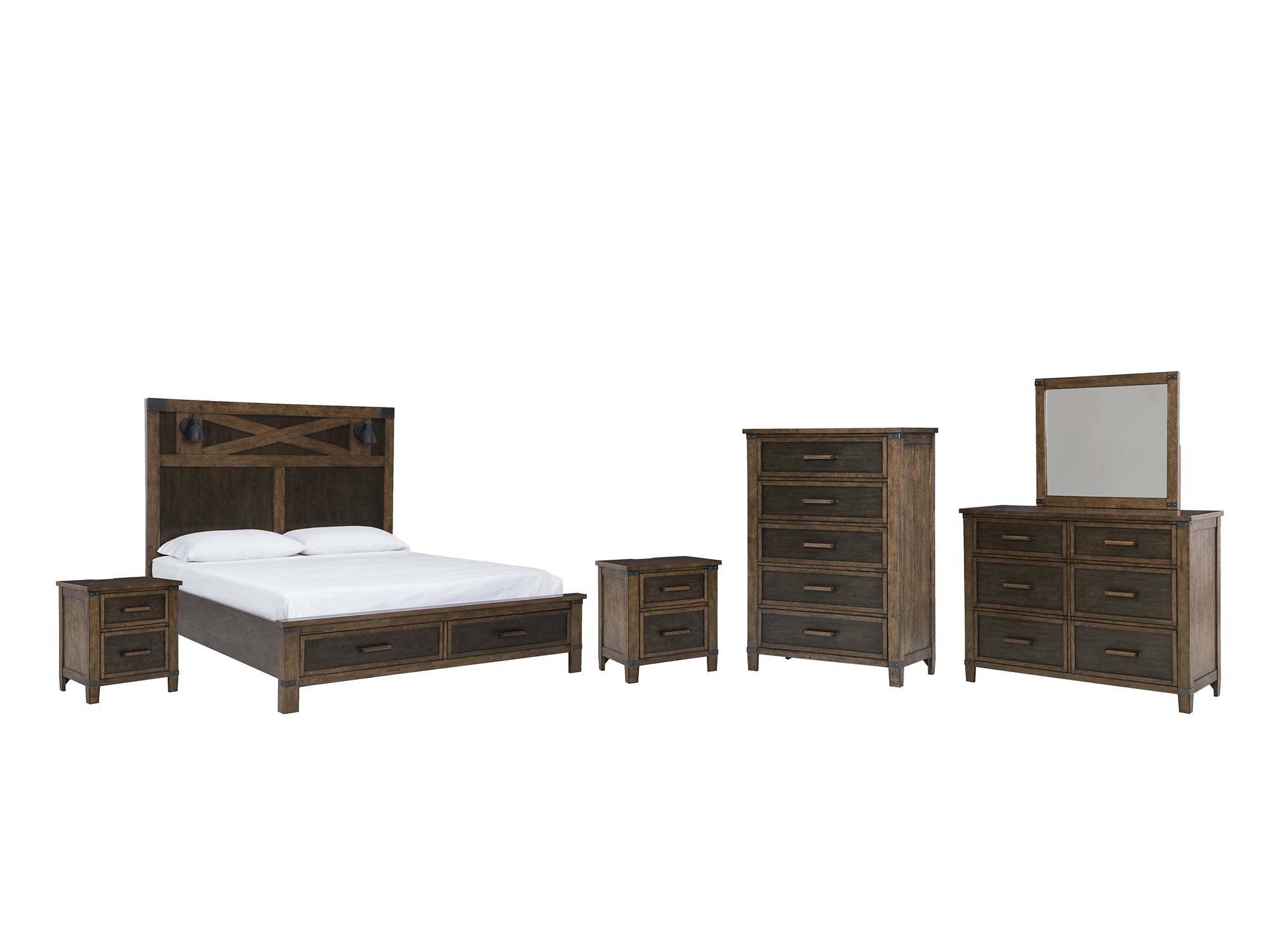 Wyattfield California King Panel Bed with Mirrored Dresser, Chest and 2 Nightstands