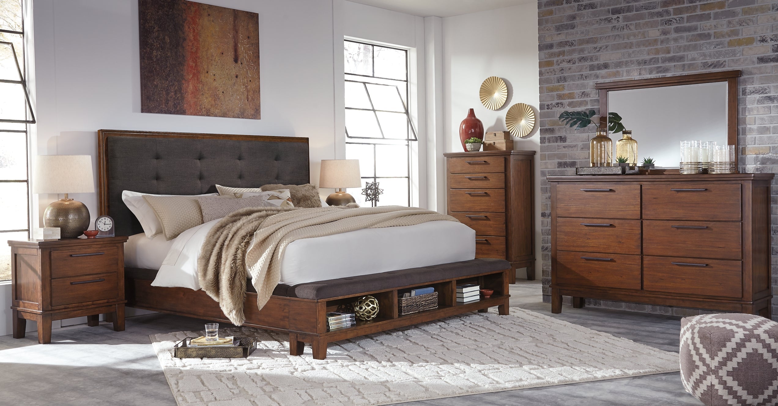 Ralene King Upholstered Panel Bed with Mirrored Dresser and Chest