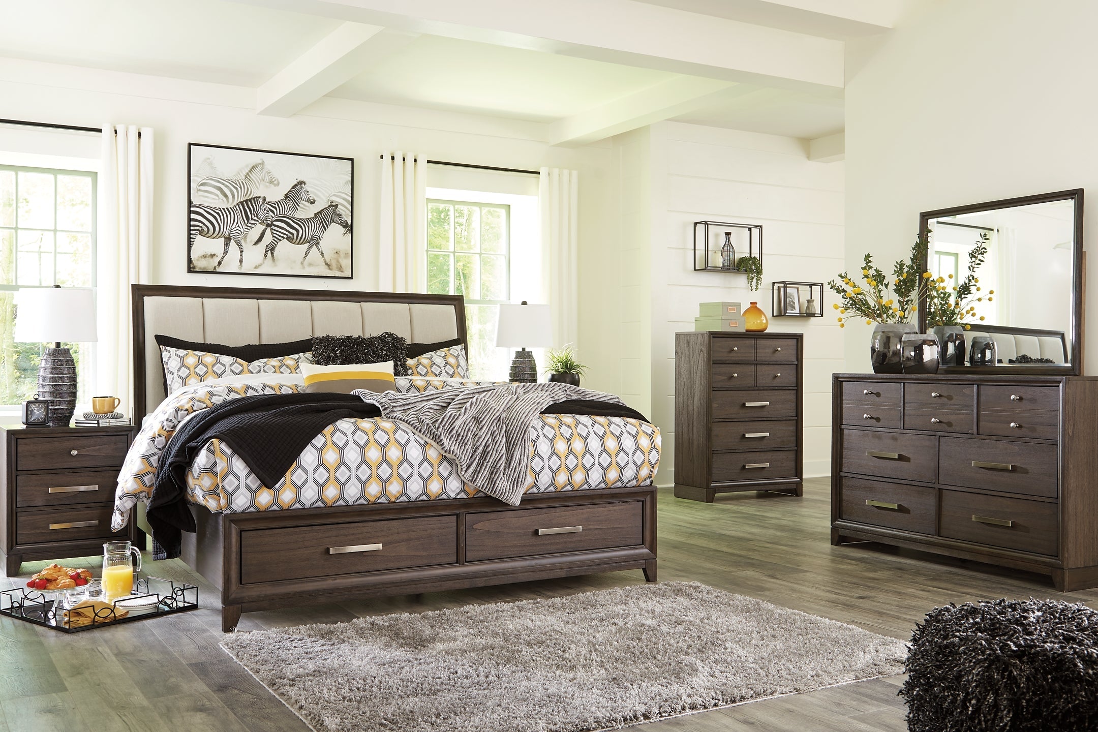 Brueban California King Panel Bed with 2 Storage Drawers with Mirrored Dresser, Chest and Nightstand