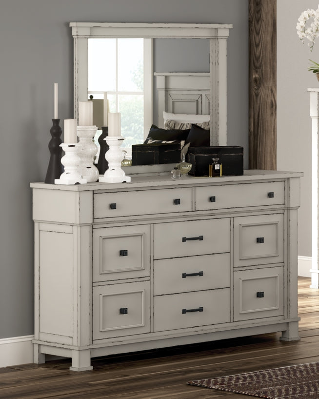 Jennily California King Panel Bed with Mirrored Dresser and 2 Nightstands