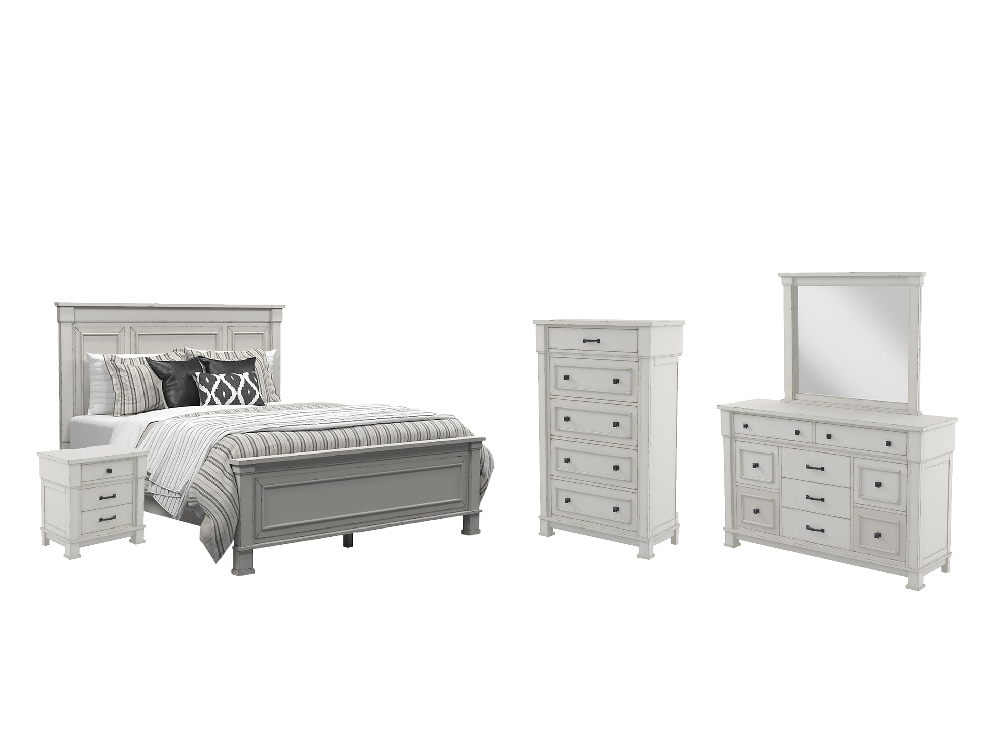 Jennily King Panel Bed with Mirrored Dresser, Chest and Nightstand