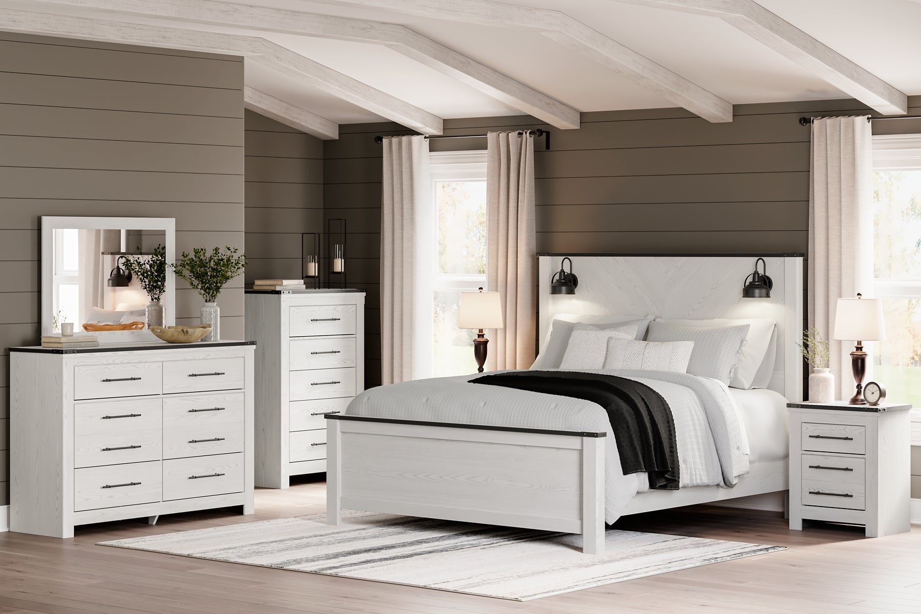 Schoenberg King Panel Bed with Mirrored Dresser, Chest and 2 Nightstands