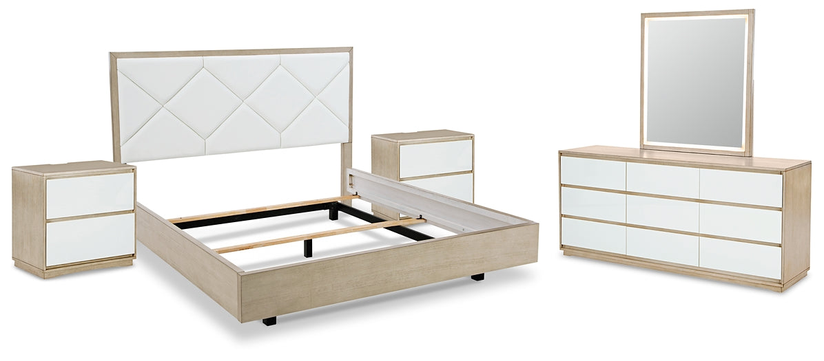 Wendora Queen Upholstered Bed with Mirrored Dresser and 2 Nightstands