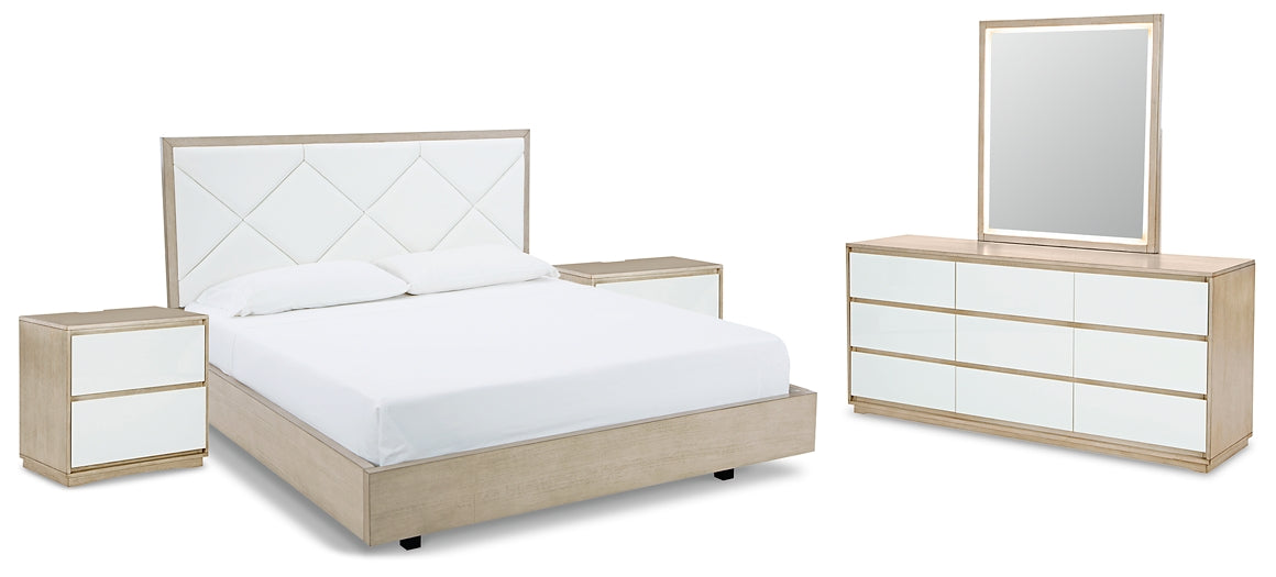Wendora King Upholstered Bed with Mirrored Dresser and 2 Nightstands