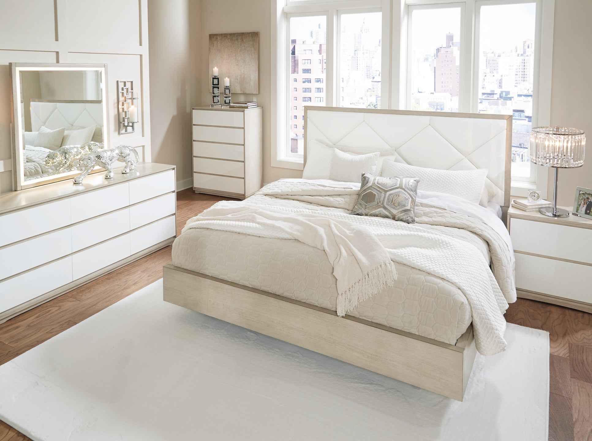 Wendora King Upholstered Bed with Mirrored Dresser, Chest and Nightstand
