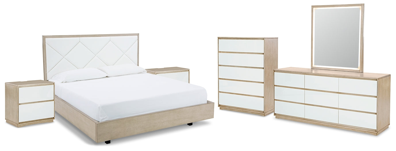 Wendora King Upholstered Bed with Mirrored Dresser, Chest and 2 Nightstands