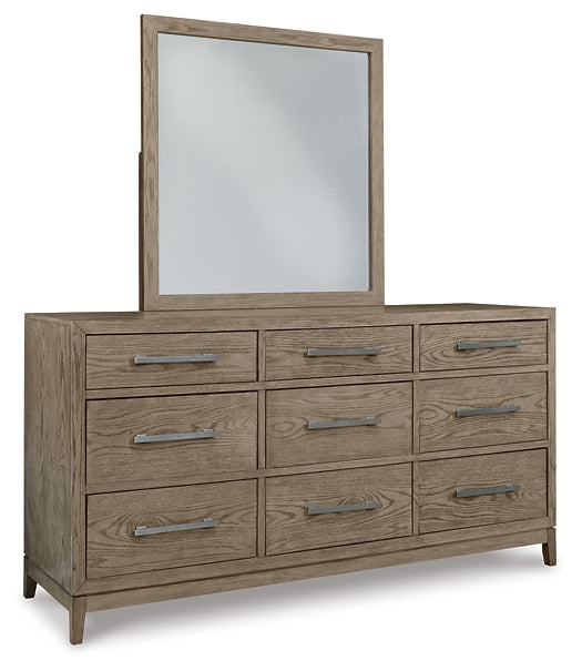 Chrestner Queen Upholstered Panel Bed with Mirrored Dresser